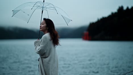 woman with umbrella by the lake in japan