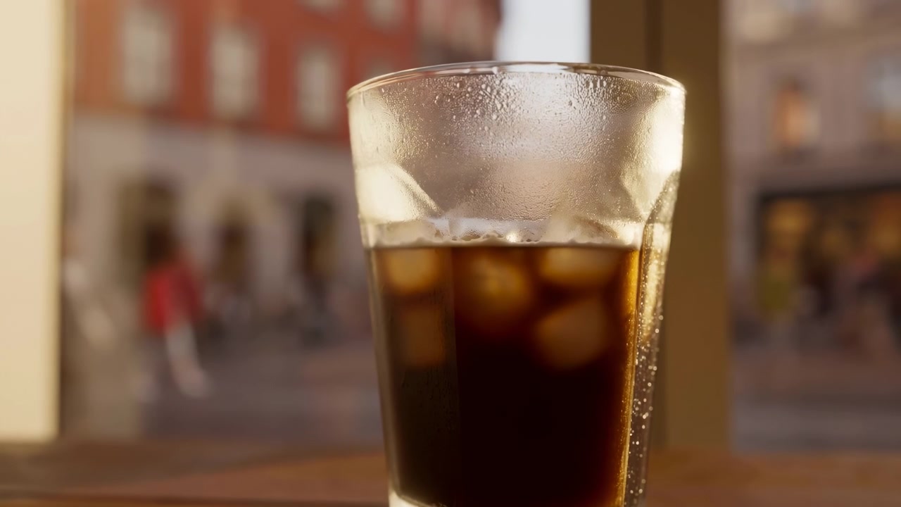 Ambiente interno neutro e informale con un primo piano di un bicchiere di cola, con un liquido marrone all'interno di un bicchiere trasparente, probabilmente in un bar o caffè con sfondo sfocato che mostra persone e ambiente urbano