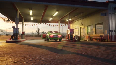 panning shot gas station and hotel motel cafe in the mojave desert