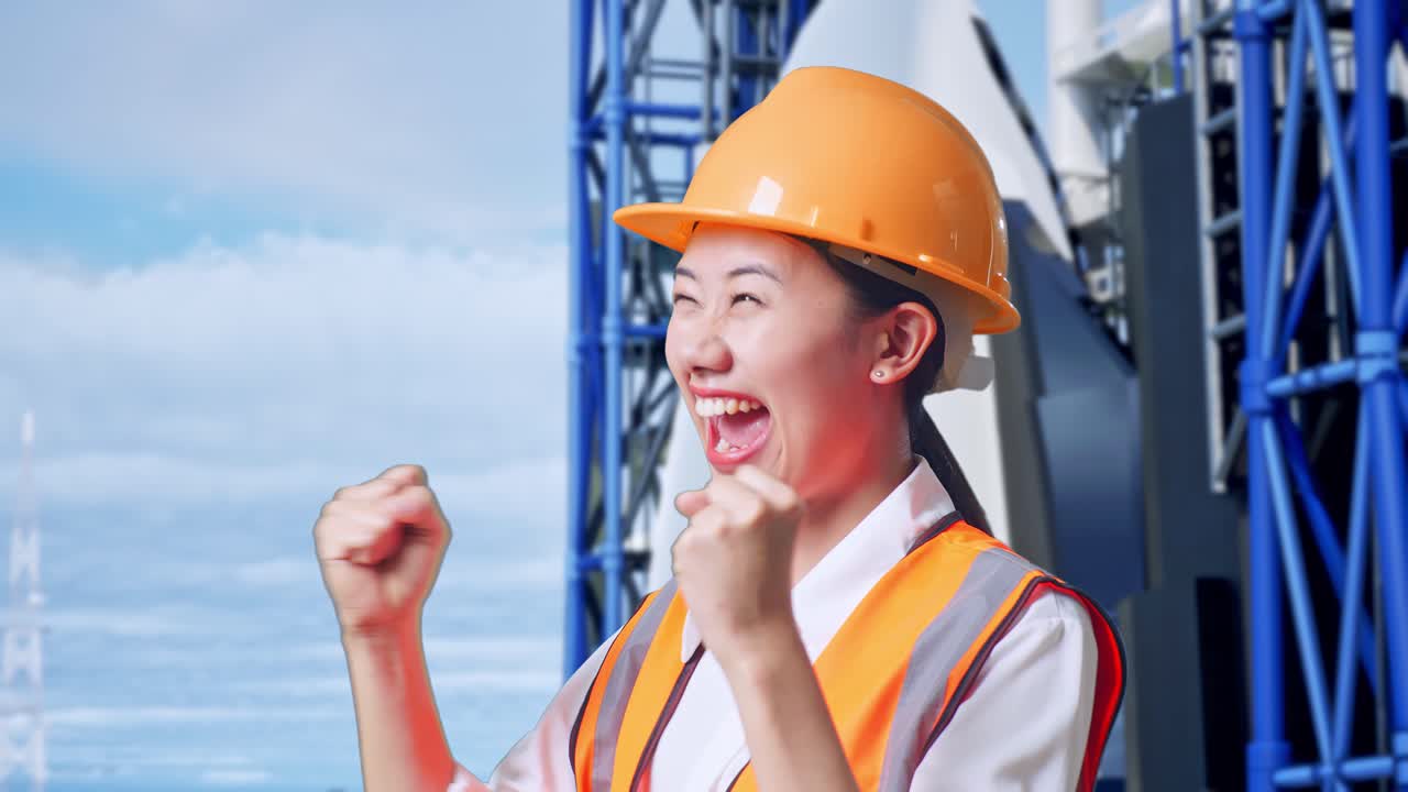안전 헬을 입은 아시아 여성 엔지니어가 우주왕복선에서 일하는 것을 축하하는 목표를 외치고 있습니다.