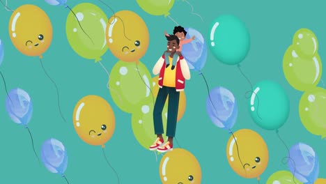 Animation-of-illustration-of-happy-father-carrying-son,-with-colourful-balloons-on-blue-background