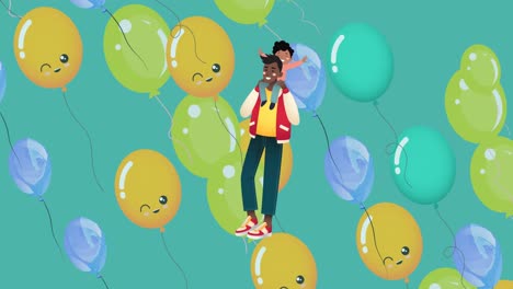 Animación-De-La-Ilustración-De-Un-Padre-Feliz-Cargando-A-Su-Hijo,-Con-Globos-De-Colores-Sobre-Fondo-Azul