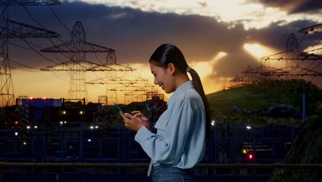 vista lateral de una trabajadora profesional asiática de pie con su teléfono inteligente cerca de la torre de alto voltaje, instalación industrial, comprobando su teléfono inteligente con meditación