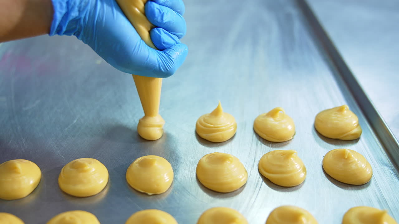 Yellow liquid pastry dough being squeezed on the baking sheet. Close up. Pastry production at confectionery factory.