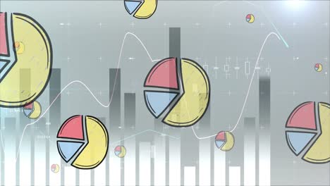 Animación-De-Iconos-De-Gráficos-Circulares-Sobre-Procesamiento-De-Estadísticas-Sobre-Fondo-Gris