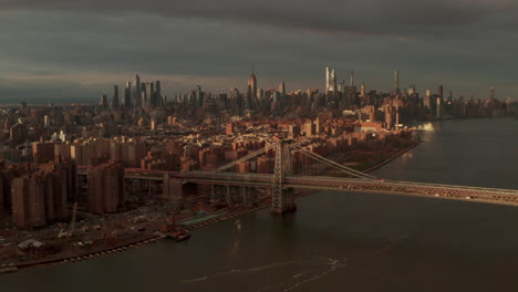 aerial shot towards iconic new york city skyline