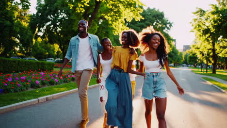 three friends enjoying a walk in the park