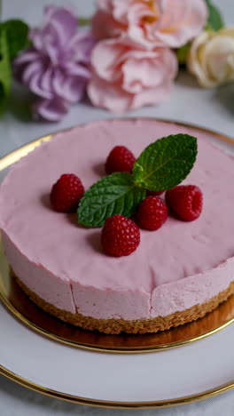 pink raspberry cheesecake with mint