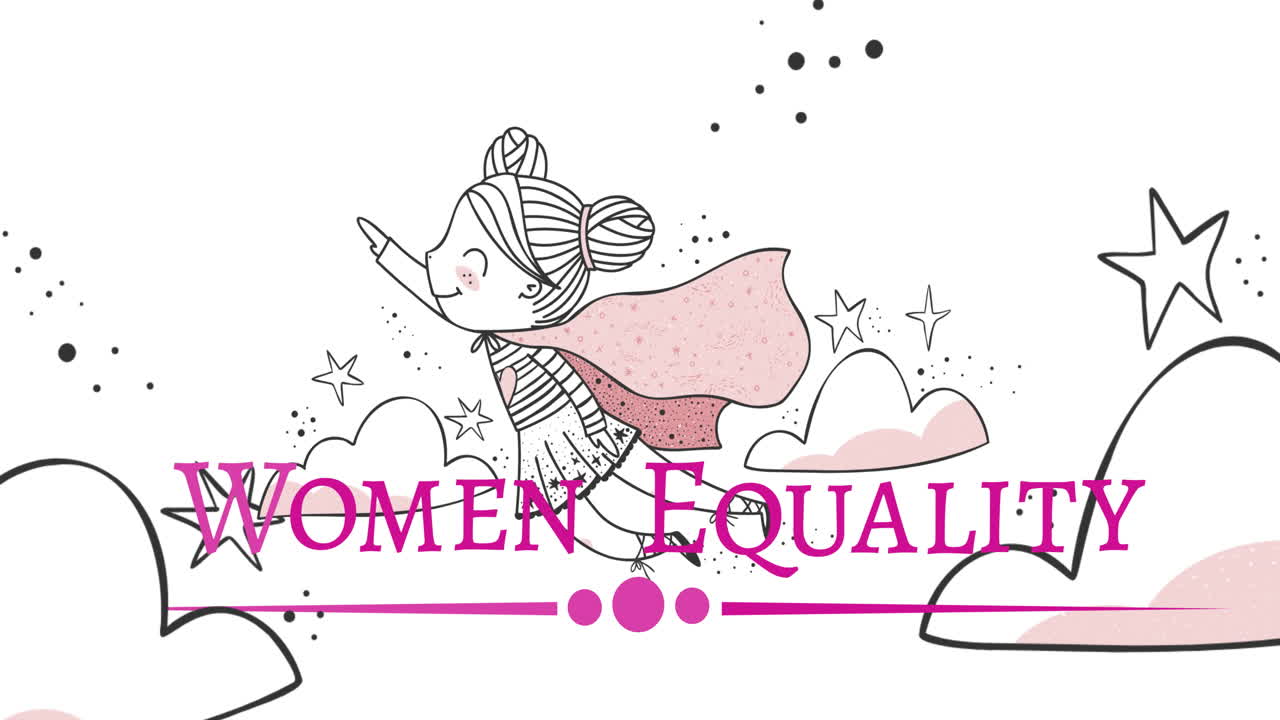 Animation of girl and clouds over women equality text