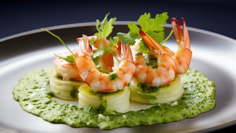 delicious cooked shrimps resting on heart of palm, accompanied by vibrant green sauce and fresh parsley, elegantly presented on a gray plate, invitingly ready for enjoyment