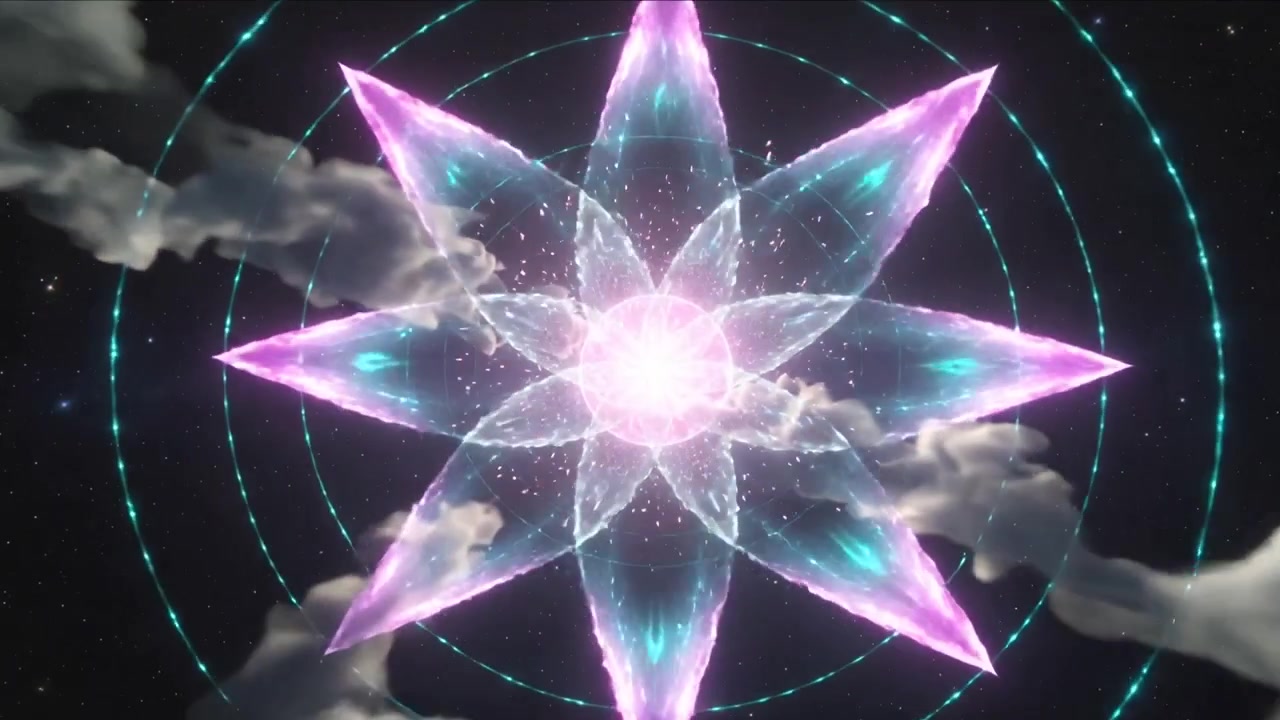 Appare un nucleo, un globo luminoso si trasforma in un loto a otto petali sopra le nuvole, emettendo una corona viola.