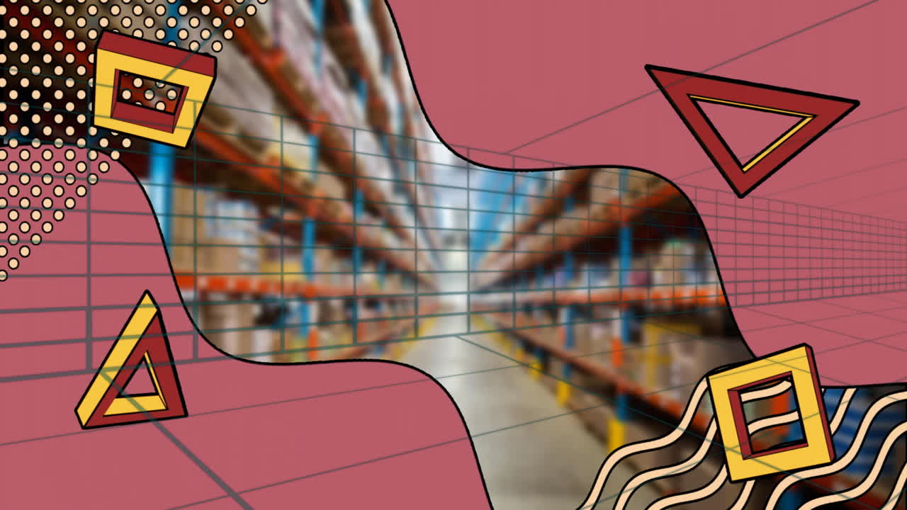 Animation of abstract geometric shapes over blurred warehouse aisle with shelves