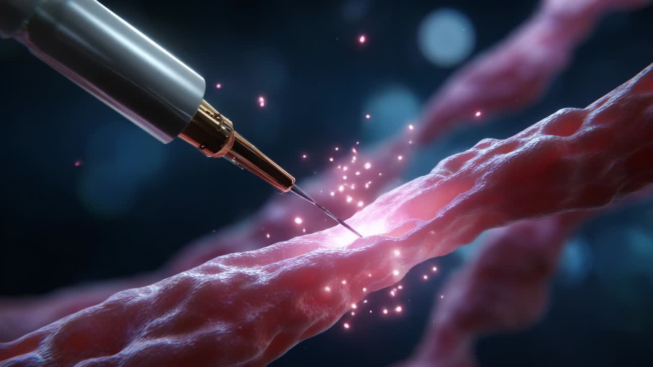 Microscopic Close-Up of a Needle Injecting into a Vascular Structure, Showcasing the Intricate Details of Biological Interaction at a Cellular Level in a Scientific Visualization