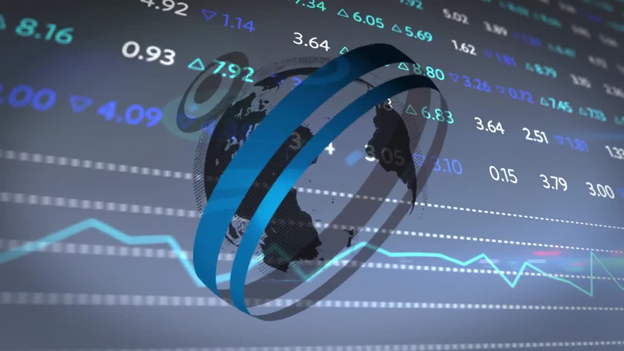 Animación de un globo terráqueo giratorio sobre procesamiento de datos bursátiles con fondo azul.