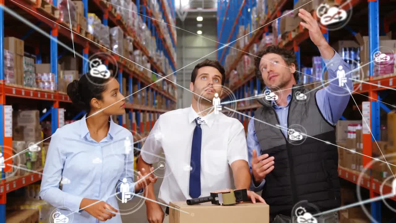 저장 창고에서 일하는 친절한 직원들에 대한 사람들과 미디어 아이콘의 네트워크의 애니메이션