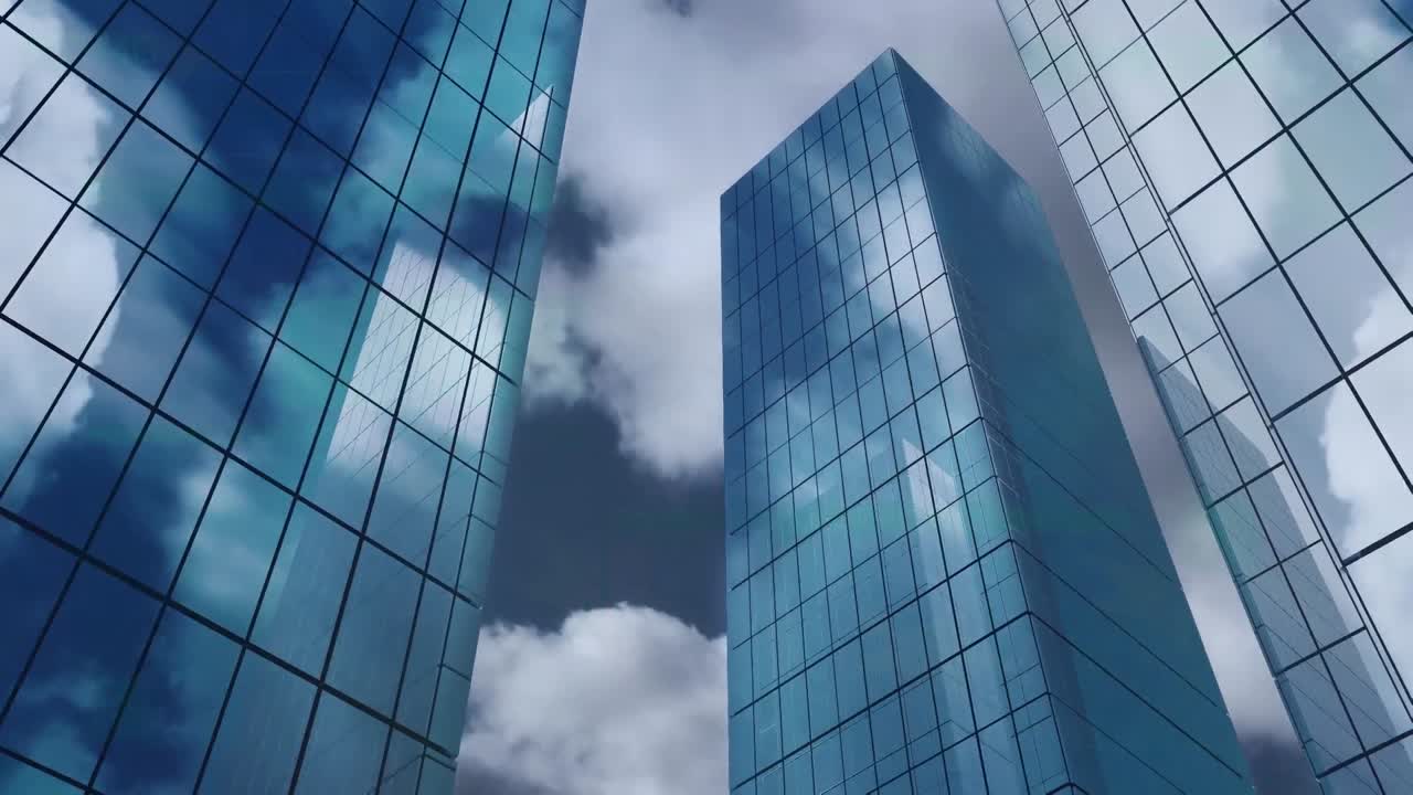 Animation of low angle view of tall buildings against clouds in the sky
