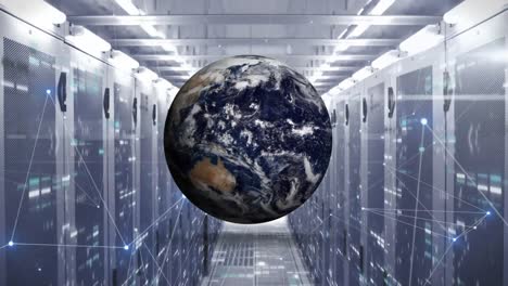 animation of rotating globe and connected dots over bars on data server racks in server room