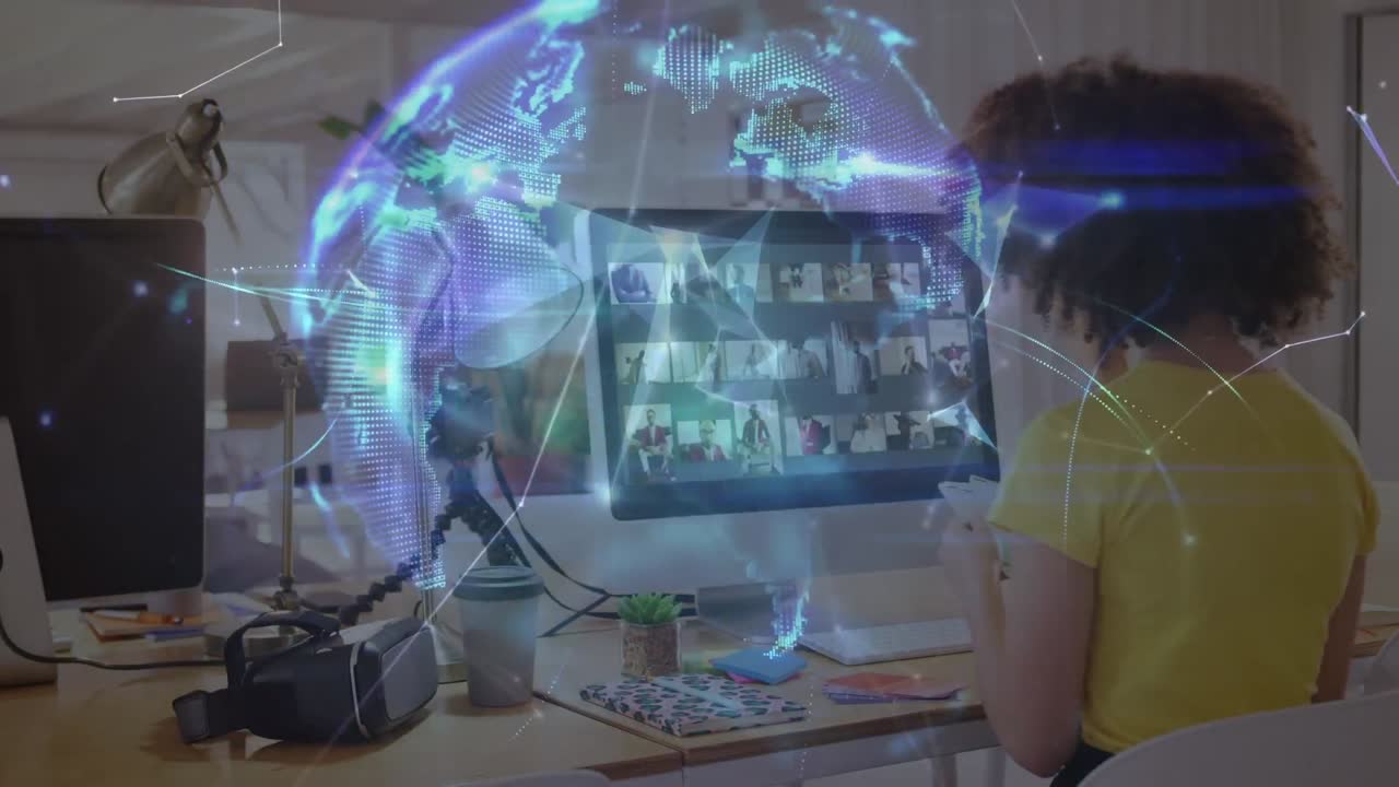 animación de líneas que forman un globo sobre la vista trasera de una mujer de negocios afroamericana trabajando en el escritorio