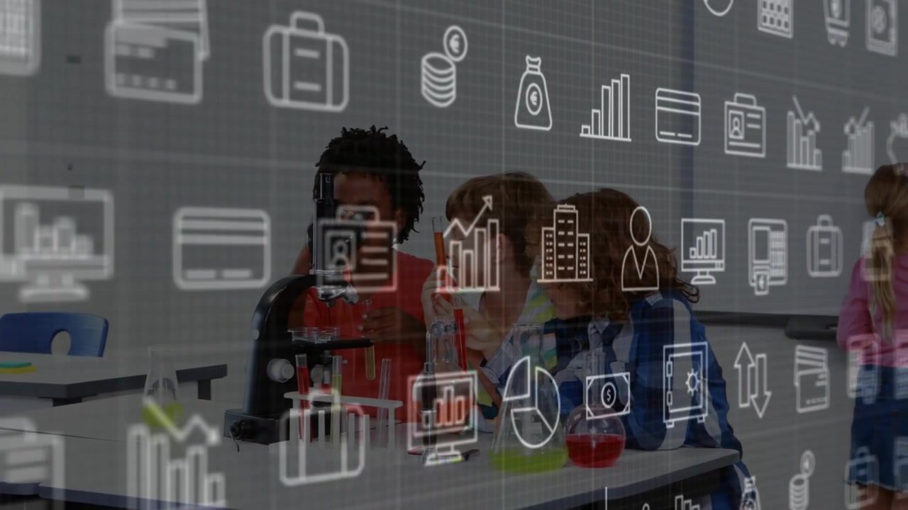 Alunos Diversos Conduzindo Experimento Científico em Sala de Aula com Sobreposição Digital