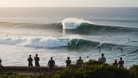 a spectacular surfing scene captured in time: thrilling waves and enthusiastic surfers riding the swells against a stunning coastal background