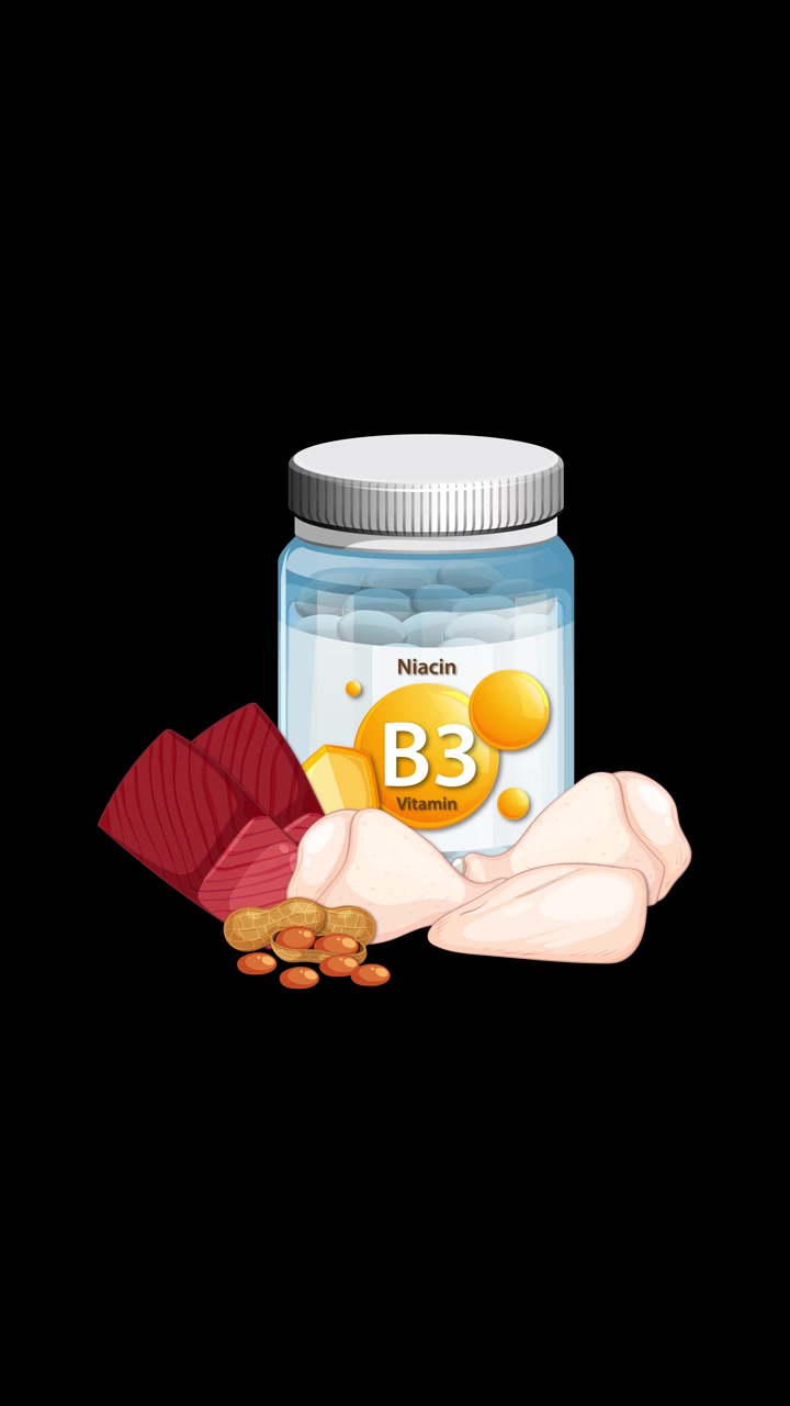 Botol Vitamin B3 muncul bersama makanan kaya niasin, transisi mulus, terisolasi dengan latar belakang hitam