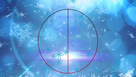 animation of circle and light over snowflakes on blue background