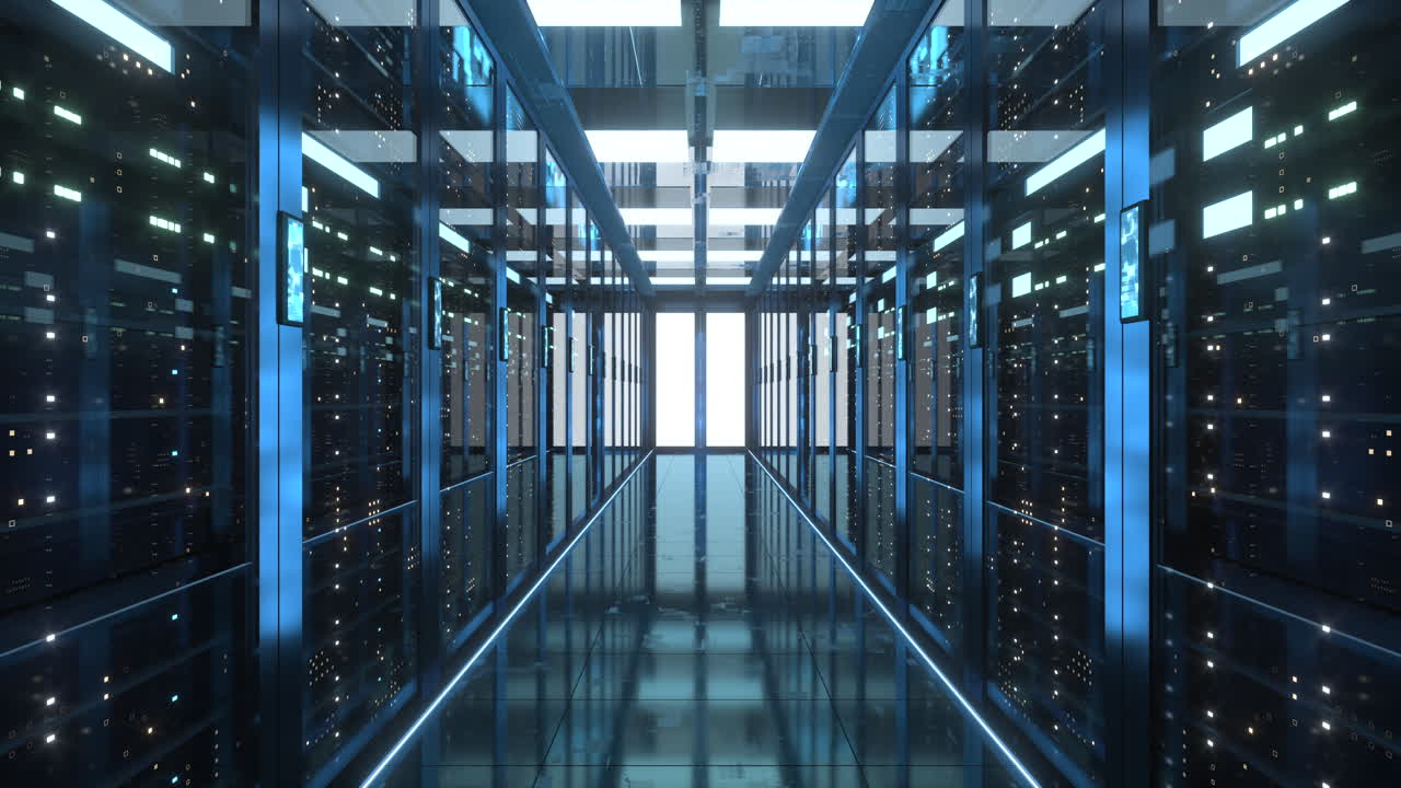 Server racks in computer network security server room data center, 3d rendering.
