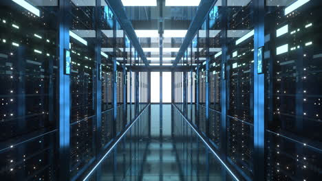 racks de servidores en el centro de datos de la sala de servidores de seguridad de la red de computadoras, renderización 3d.