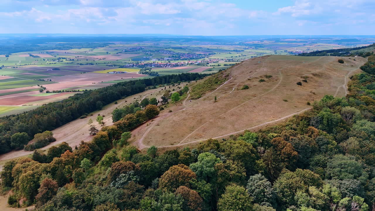 Aerial view of colorful farmland patterns and rural road. Drone view of farmland divided into green and brown fields with a small road and horizon view