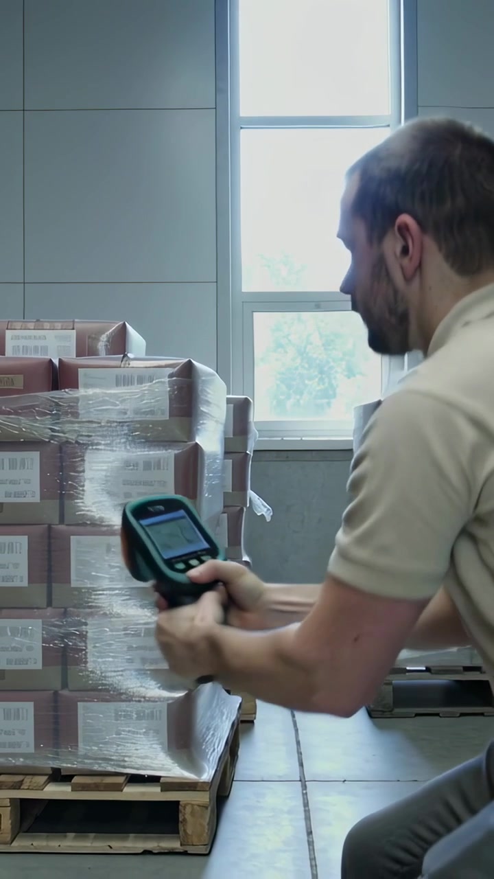 Vertical video: Starting stock check tech scanning pallets in warehouse with reader