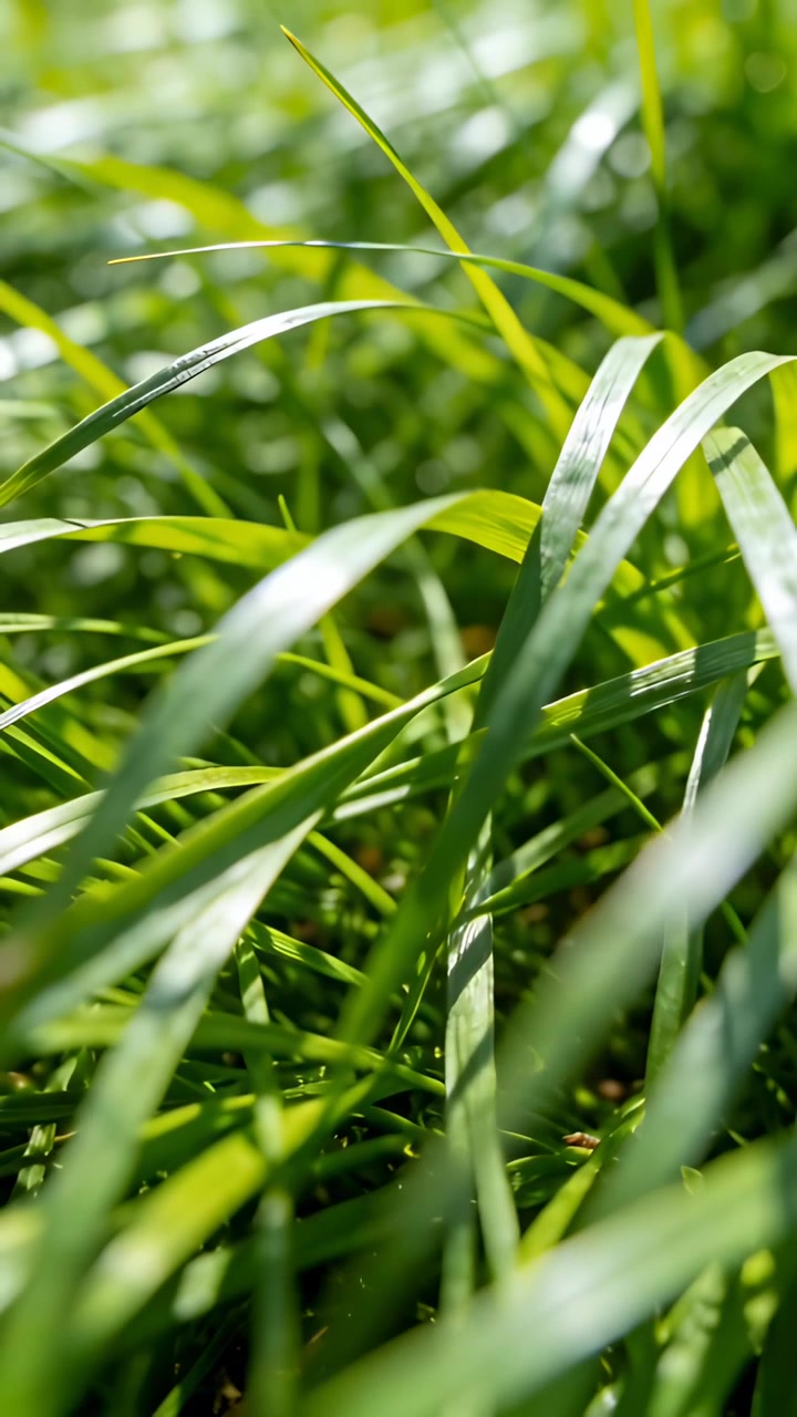 Video verticale: Steli d'erba verde che ondeggiano mossi dalla brezza a terra, mostrando un bokeh illuminato dal sole.