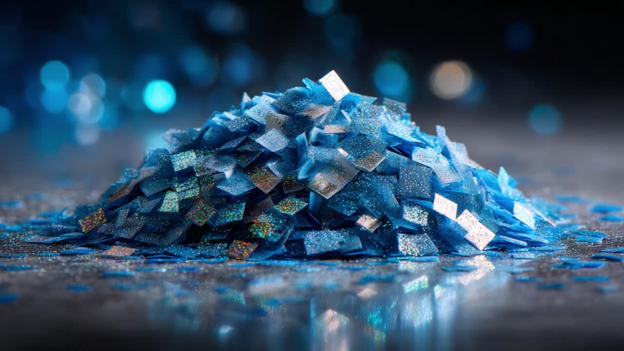 A Stunning Close-Up of Iridescent Blue Glitter Pile Sparkling Under Soft Light, Capturing Textures and Reflections for a Mesmerizing Visual Experience