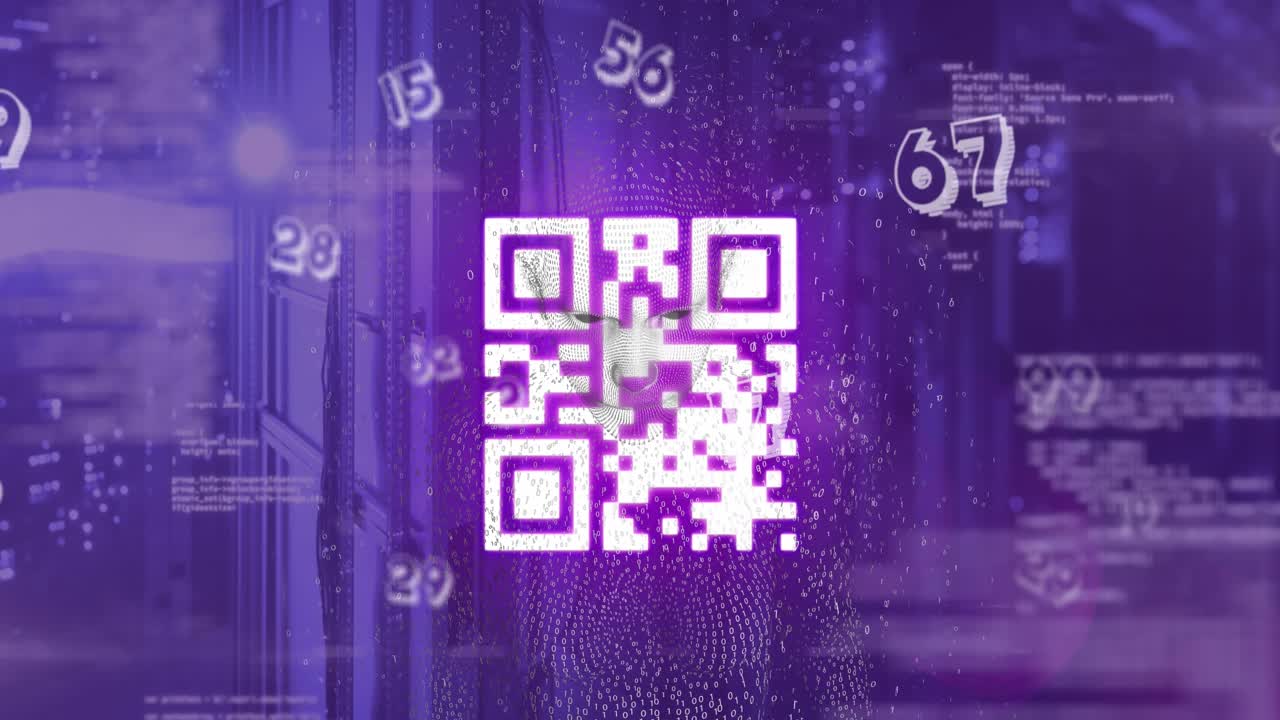 Animation of data processing with qr code and digital human over server room