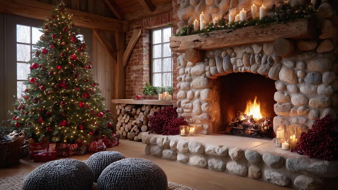 A Cozy Christmas Ambiance Featuring a Warm Fireplace, Decorated Tree, and Soft Furnishings for the Perfect Holiday Atmosphere in a Rustic Lodge