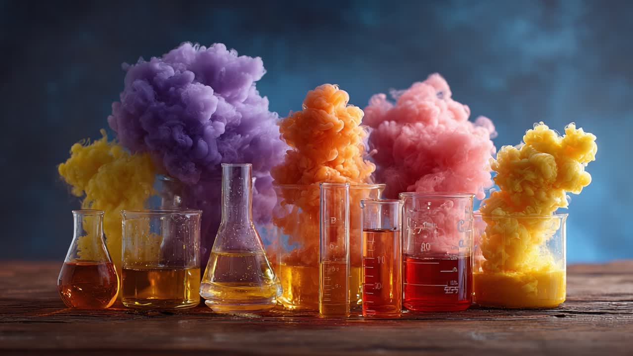 Colorful Cloud Phenomena Emanating from Science Beakers and Test Tubes, Showcasing Bright Smoke and Liquid Reactions in a Laboratory Setting