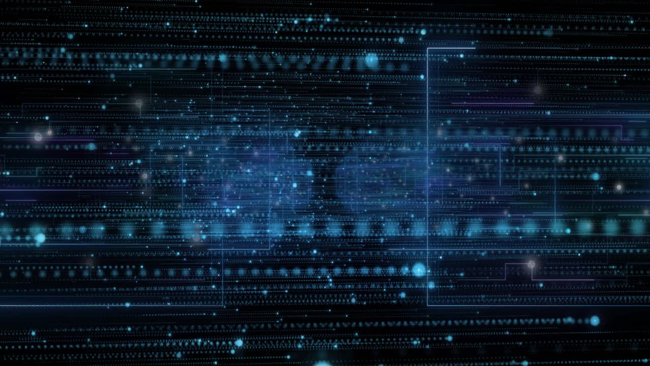 Scrolling data lines initiating clusters pulsating neon-blue frame tracing orbs visualizing network