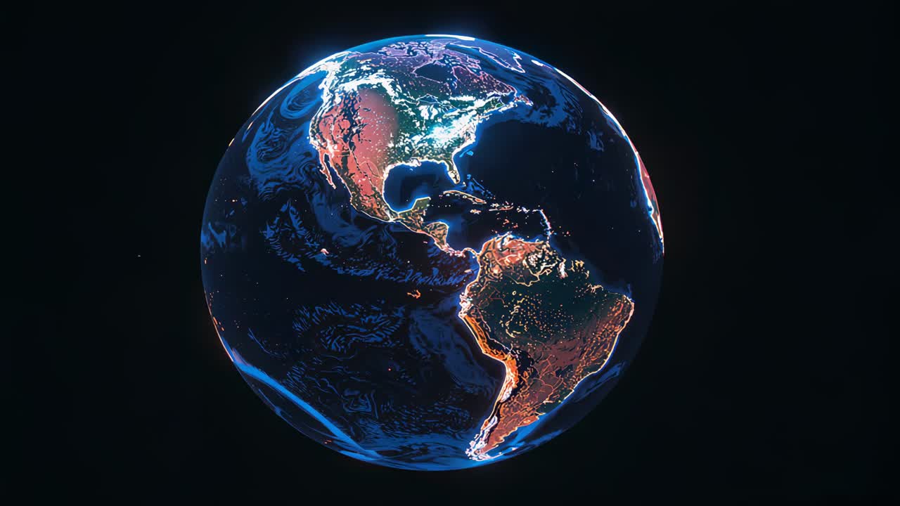 Sequence opening 3D Earth globe rotating in space, revealing colored topography and ocean currents