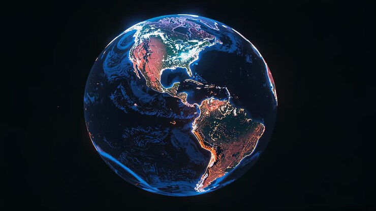 Sequence opening 3D Earth globe rotating in space, revealing colored topography and ocean currents