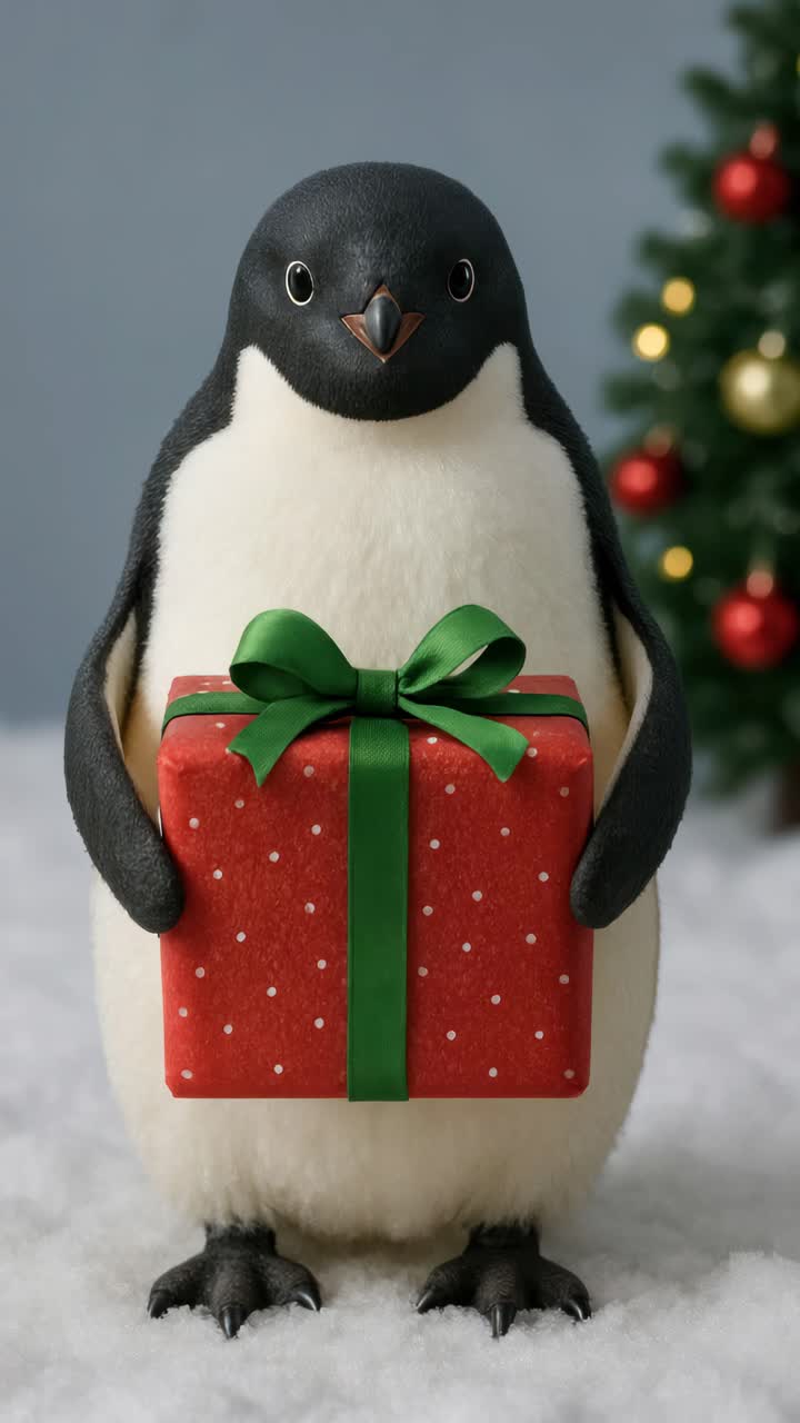 A cute penguin holding a red gift with a green bow, shot at eye level
