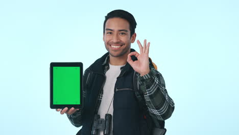 Happy-asian-man,-tablet-and-green-screen