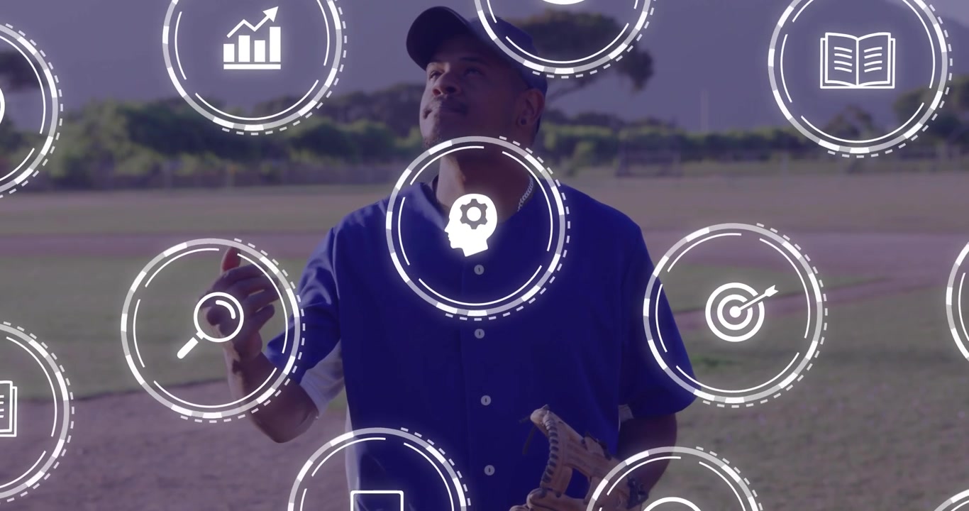 Baseball Player Tossing Ball with Animated Business and Education Icons
