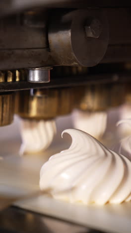 spinning nozzles of an automatic machine produce marshmallows. sweet desserts production at confectionary. close up. vertical video