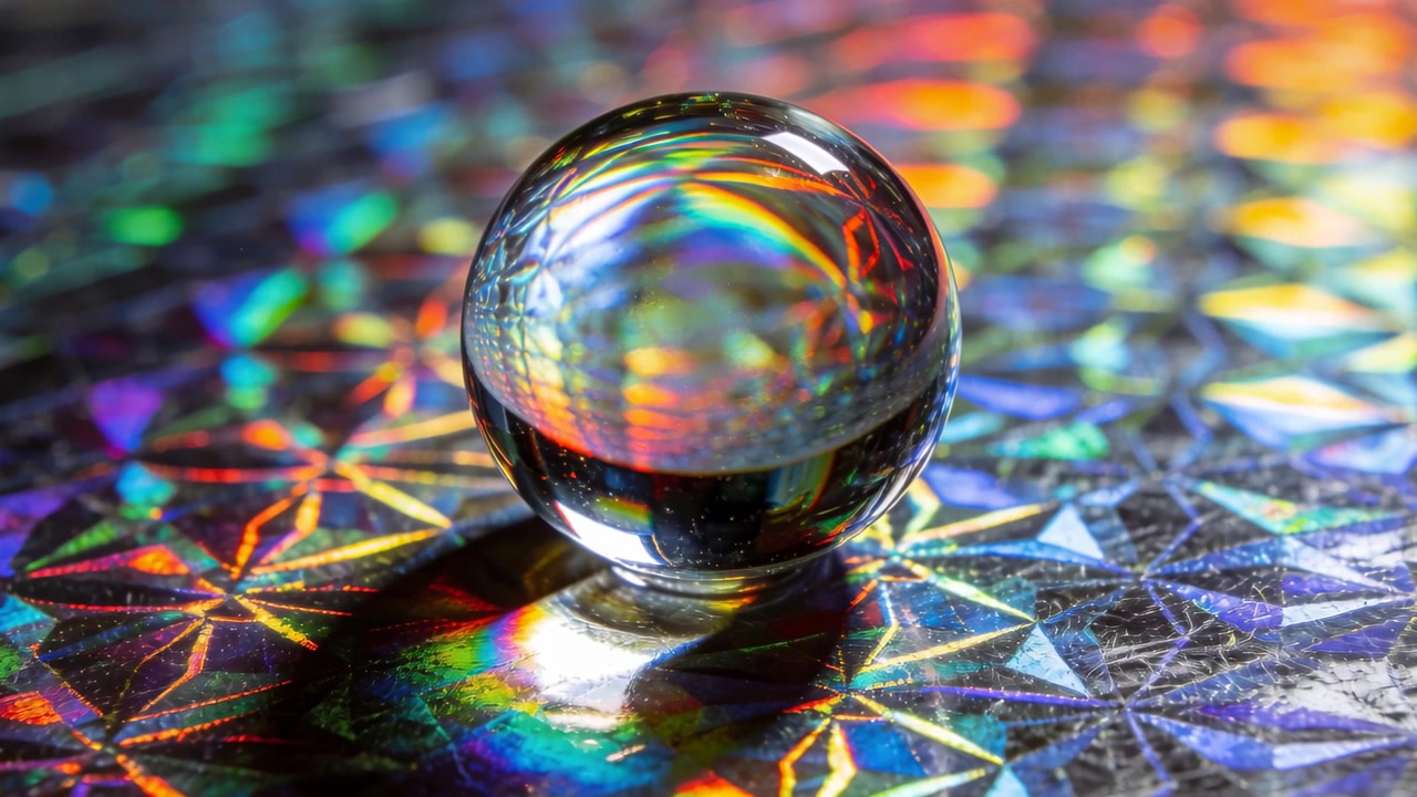 Lighting shifting, glass sphere enlarging on holo sheet in studio, revealing scratches and rainbows