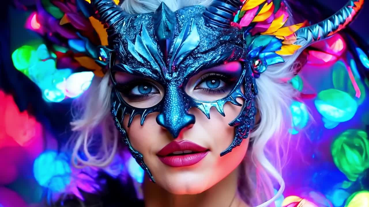 머리에 이 있는 파란색과 검은색 마스크를 입은 여자