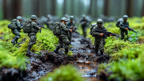 soldiers in a dense forest navigating through muddy terrain