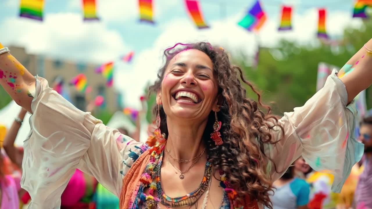 Joyful woman celebrating at a vibrant festival with rainbow flags