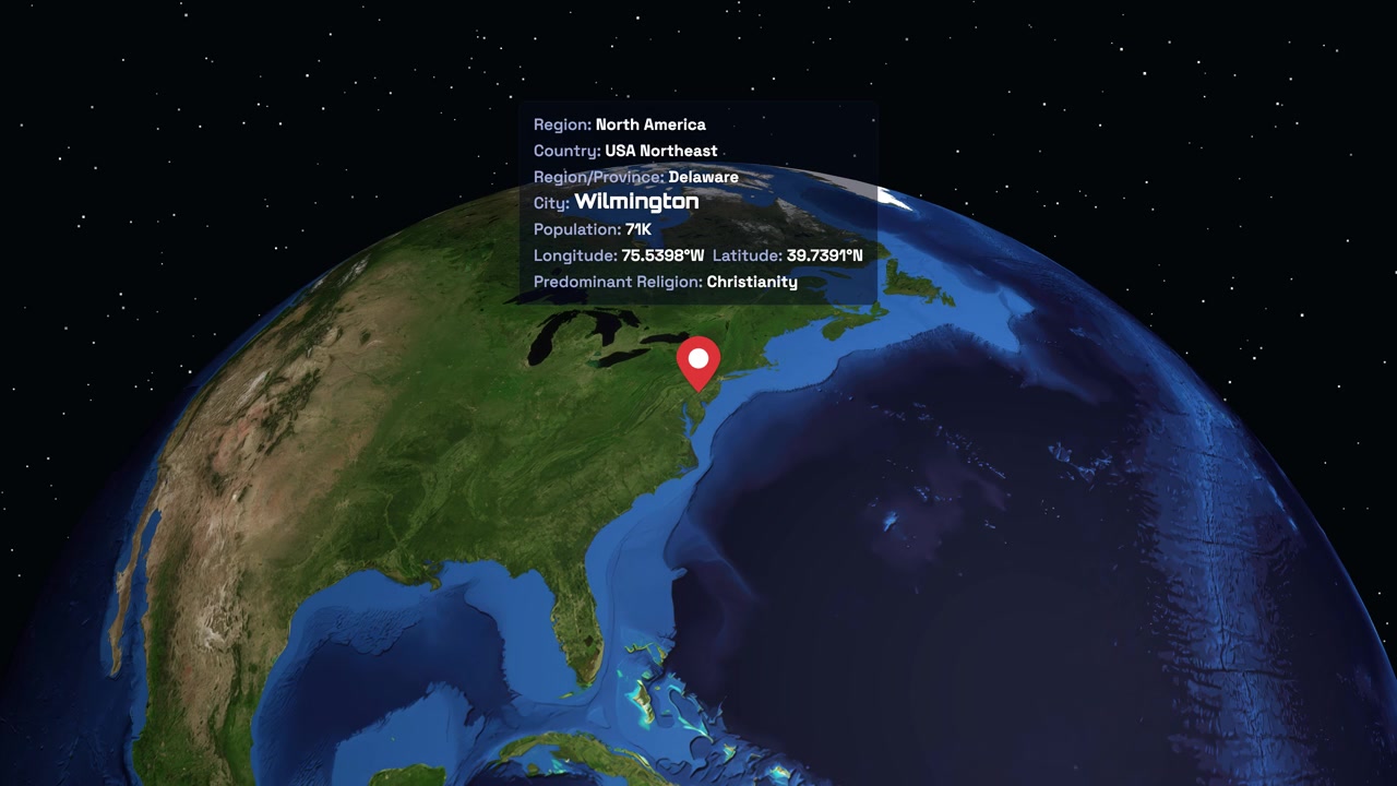 Digital earth rotates and zooms into Wilmington Delaware with a detailed geographic information overlay