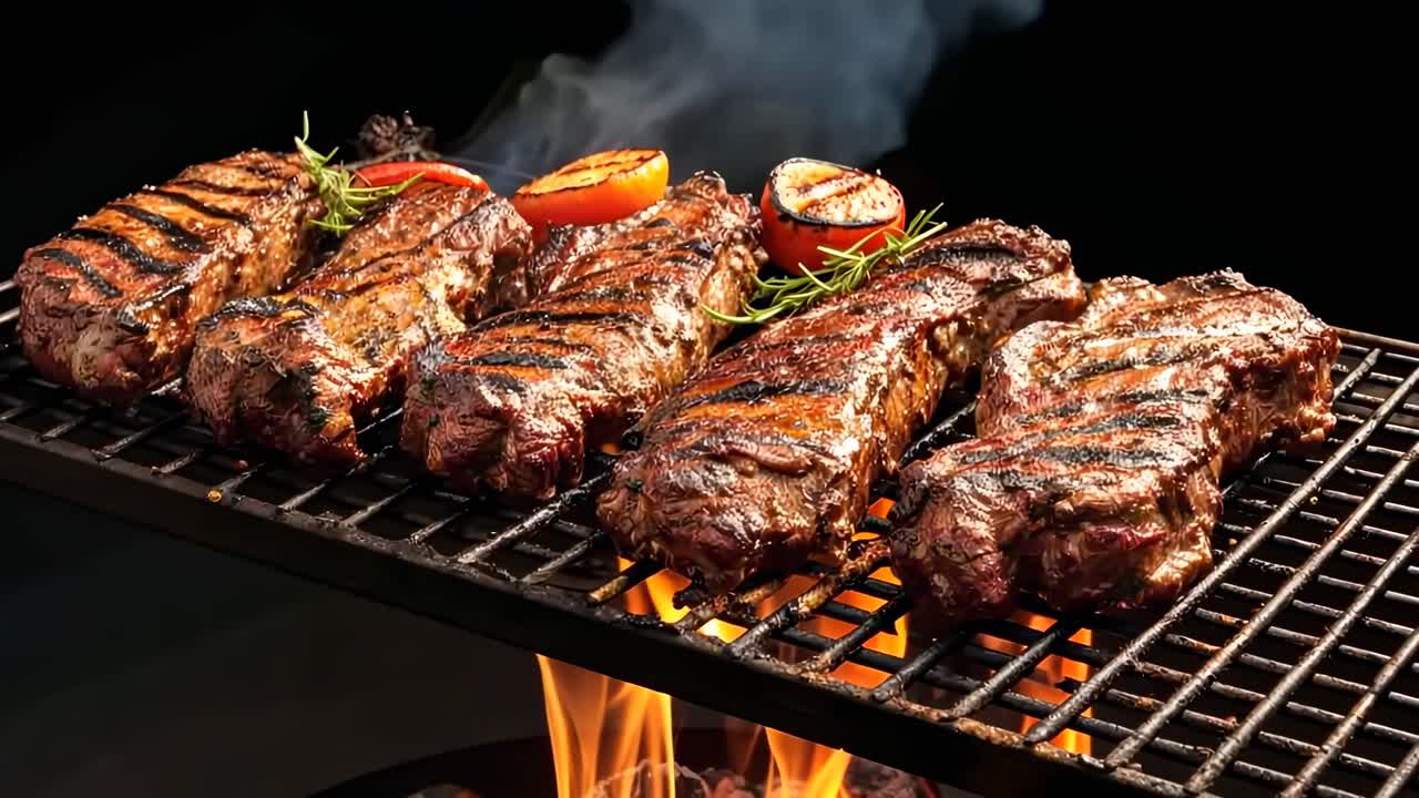 Close-up video angle of sizzling steaks on a grill, with flames and smoke, capturing the essence