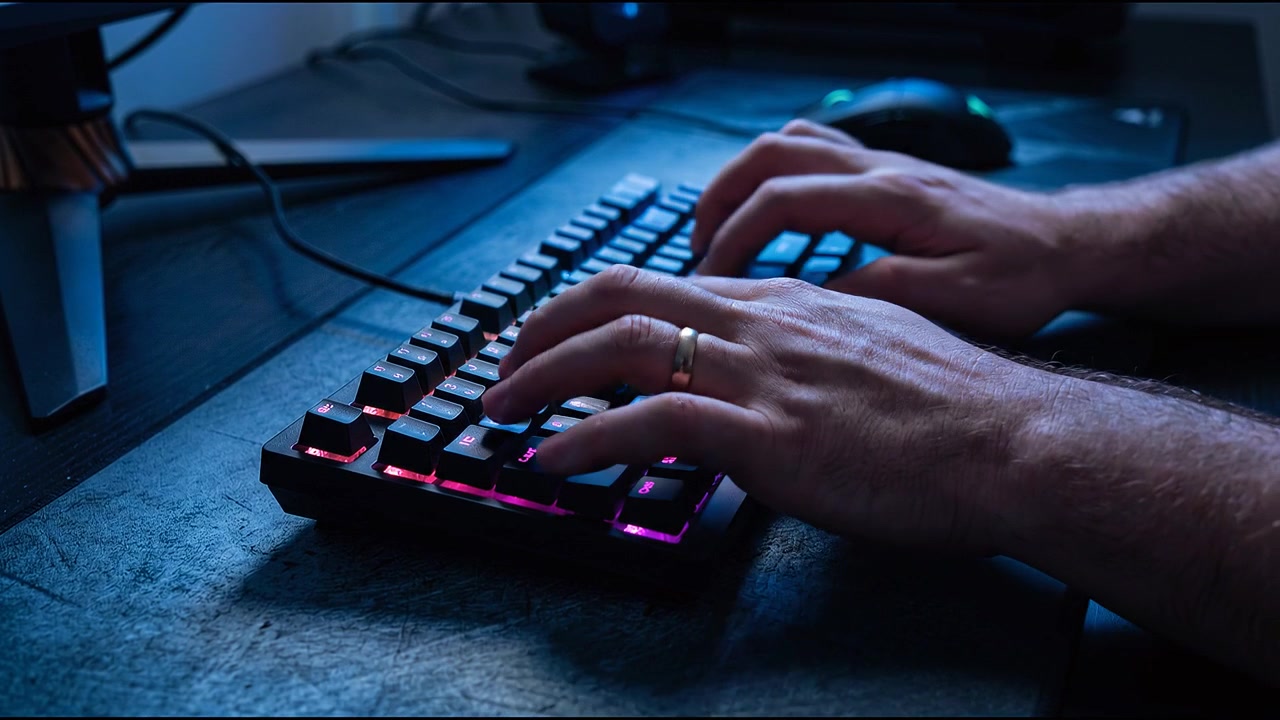 Nærbillede af hænder, der taster på et oplyst mekanisk tastatur ved en mørk, moderne computerarbejdsstation.