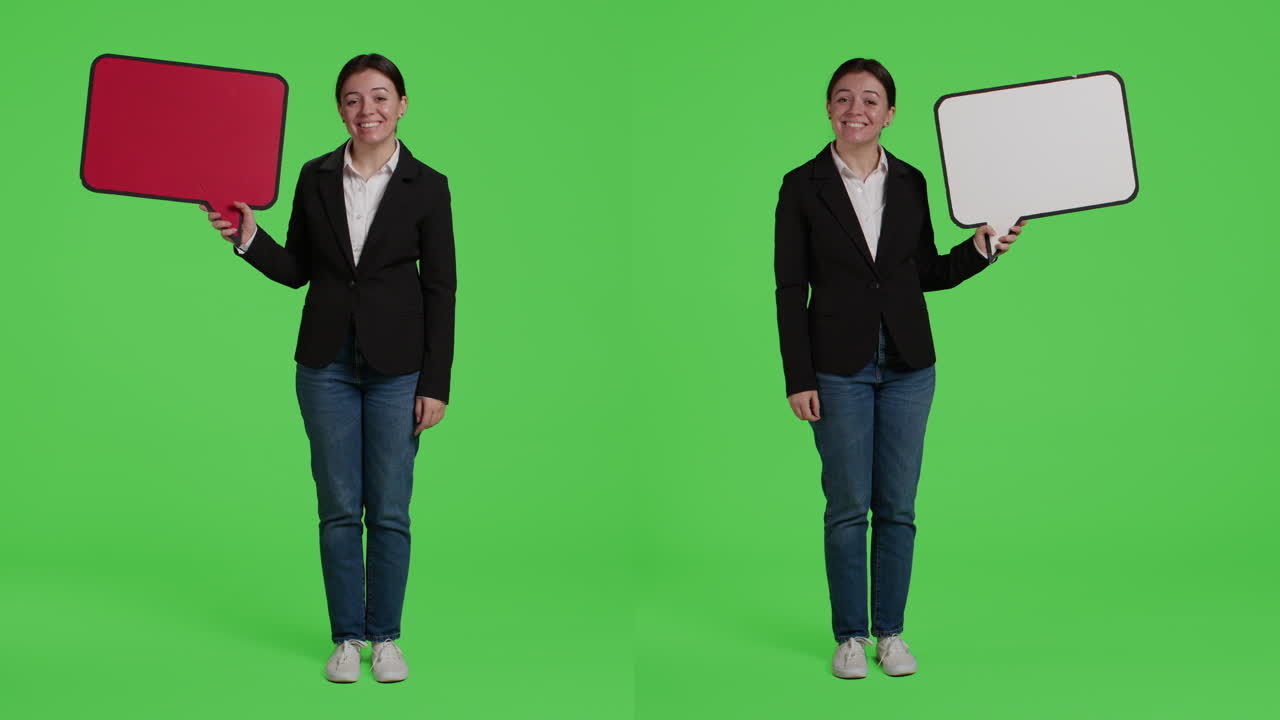 Businesswoman presenting information on speech bubbles against green screen